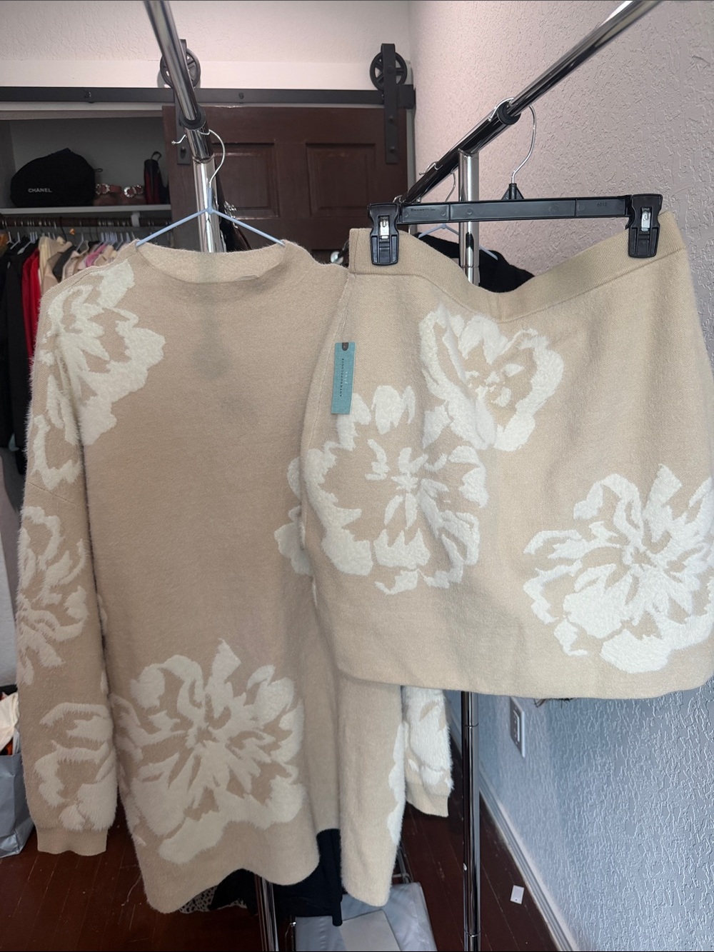 Anthropologie Beige Floral Intarsia Knit Sweater and Skirt Set